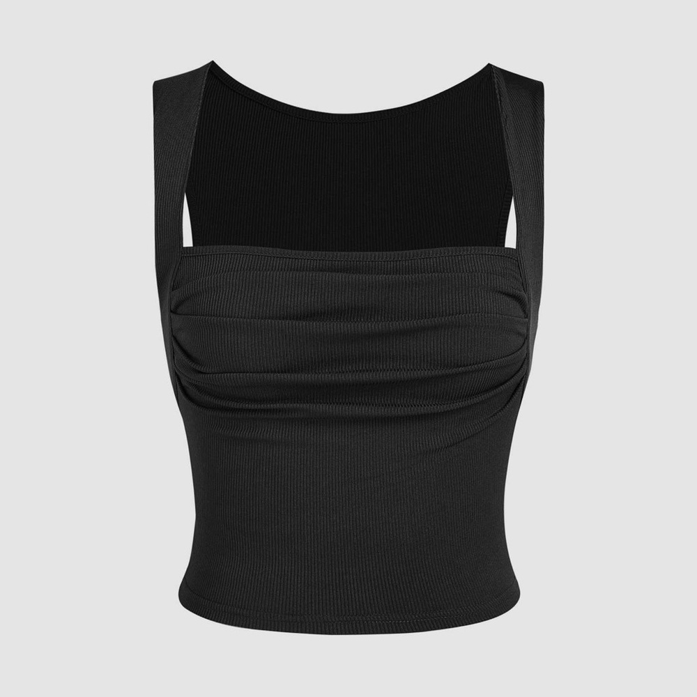 CIDER Solid Ruched Square Neck Crop Top Black Size Medium